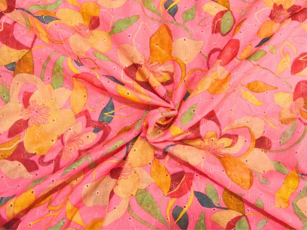 Cotton Candy Pink 100 % Pure Cotton Chikan Embroidered Fabric