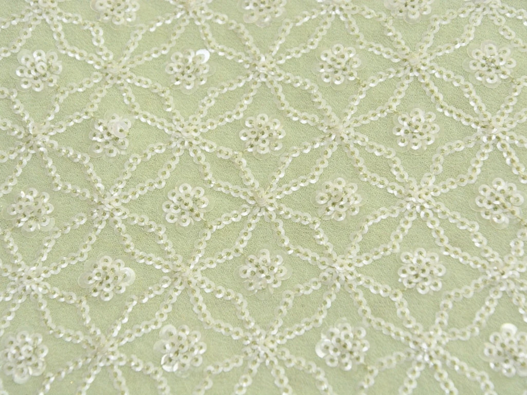 Pastel Green Viscose Georgette With Sequins Embroidered Fabric