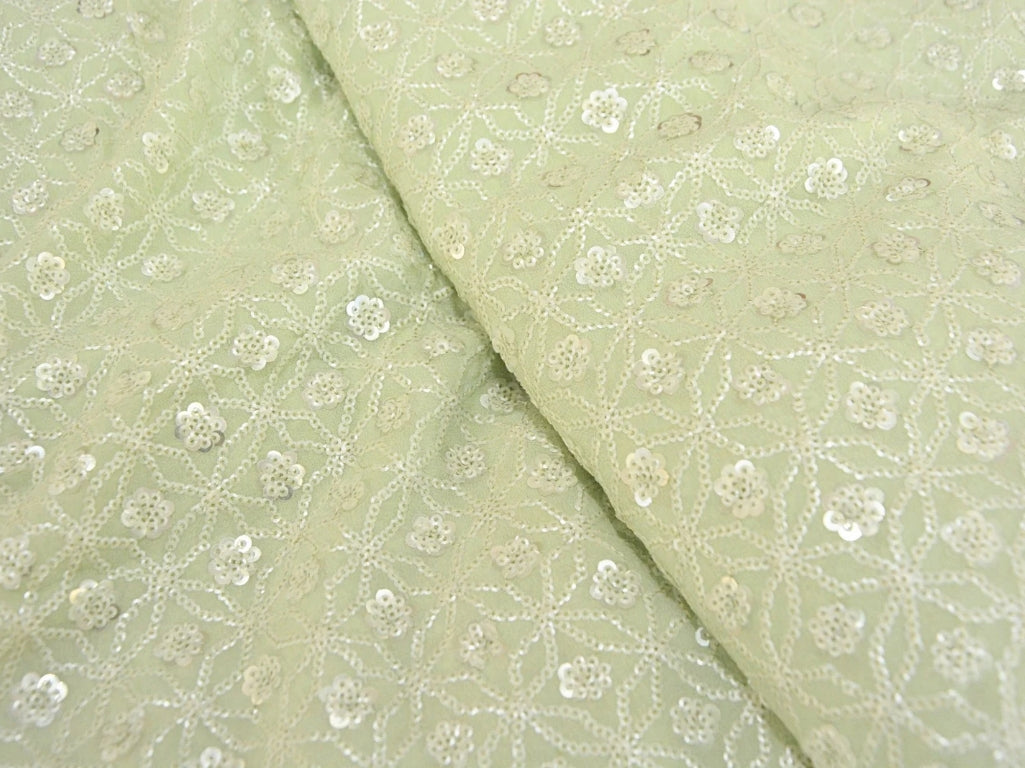 Pastel Green Viscose Georgette With Sequins Embroidered Fabric