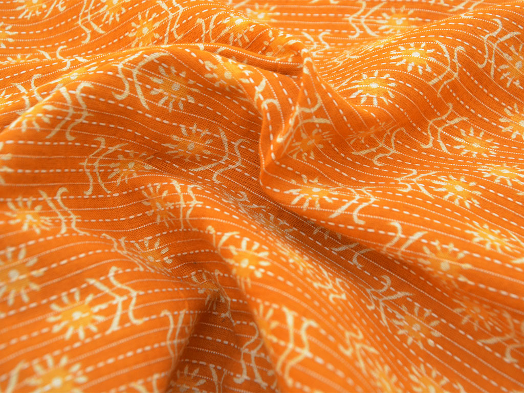Orange Floral Pure Cotton Kantha Fabric