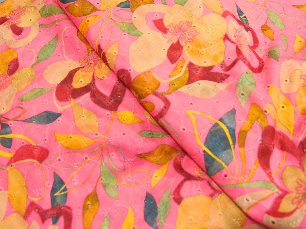 Cotton Candy Pink 100 % Pure Cotton Chikan Embroidered Fabric