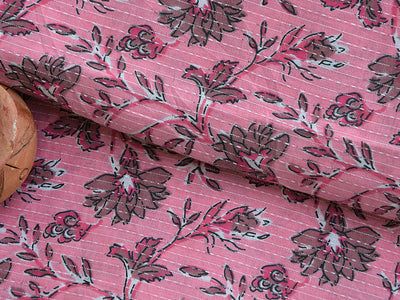 Flamingo Pink Floral Pure Cotton Kantha Fabric