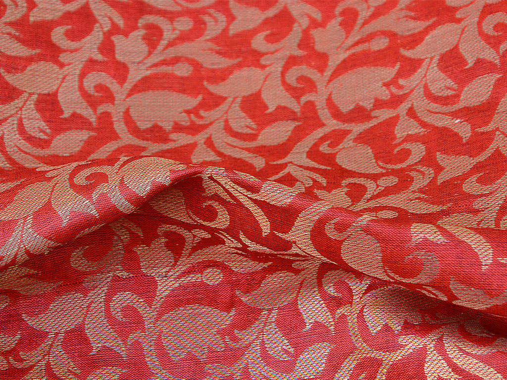 Orange Floral Semi Banarasi Brocade Fabric