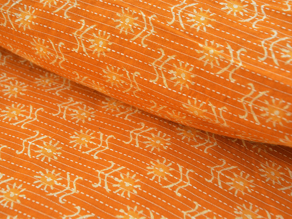 Orange Floral Pure Cotton Kantha Fabric