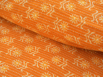 Orange Floral Pure Cotton Kantha Fabric