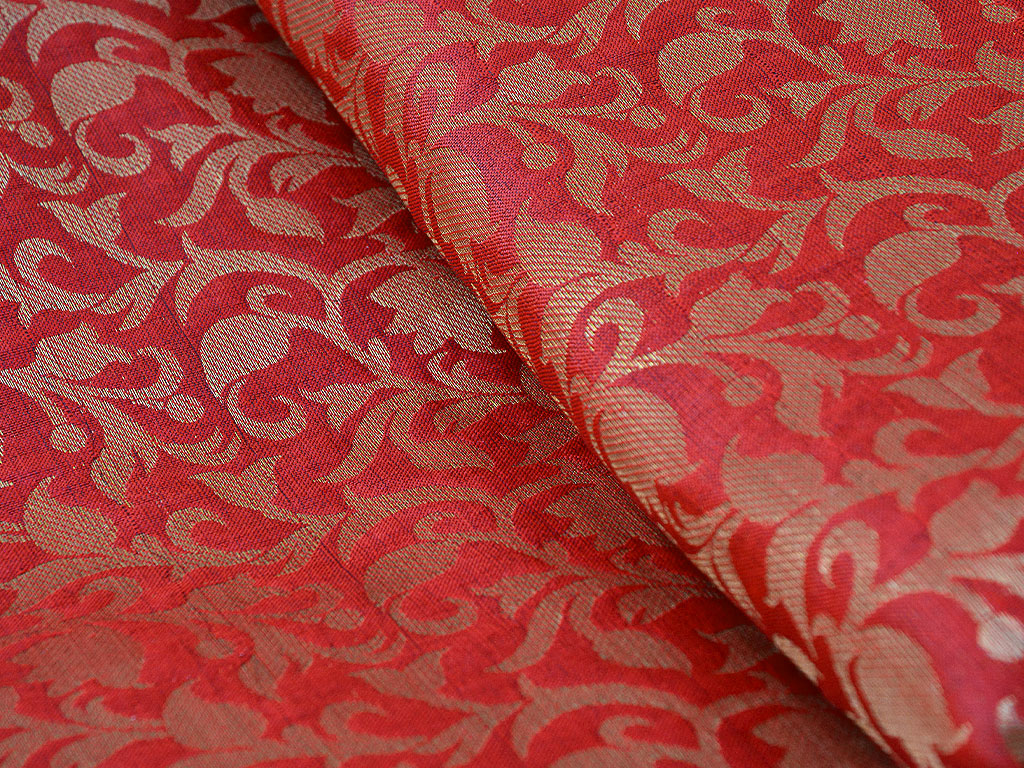 Orange Floral Semi Banarasi Brocade Fabric