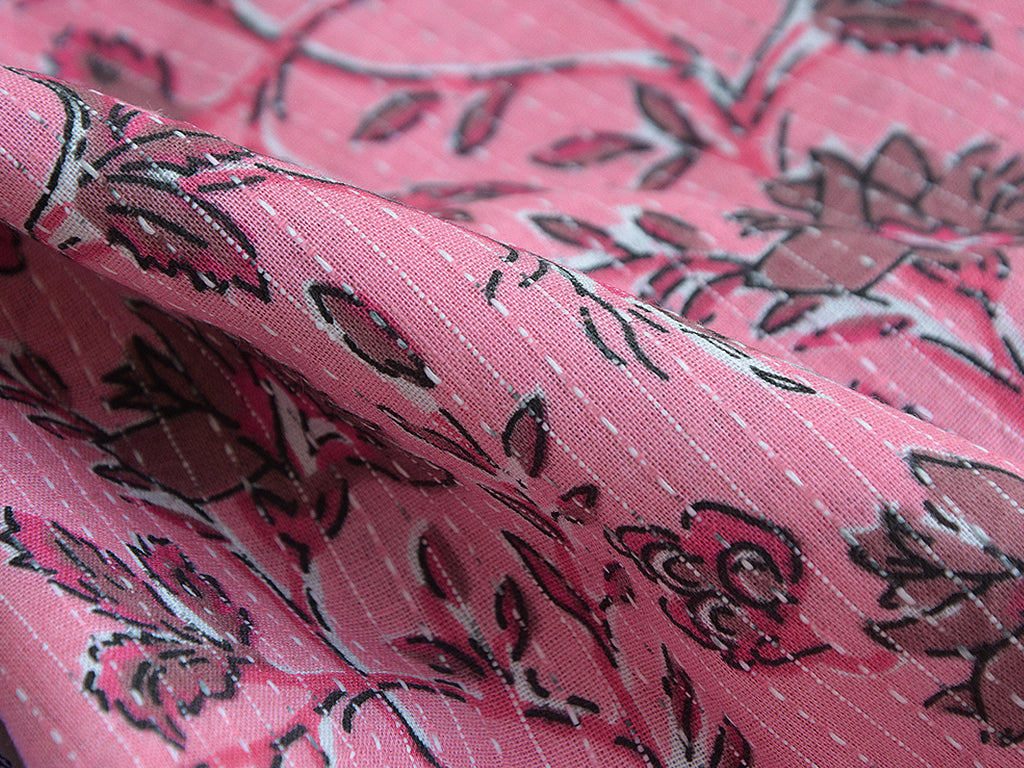 Flamingo Pink Floral Pure Cotton Kantha Fabric