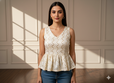 ऑफ व्हाइट मेटैलिक सेक्विन कढ़ाई मलाई साटन फैब्रिक