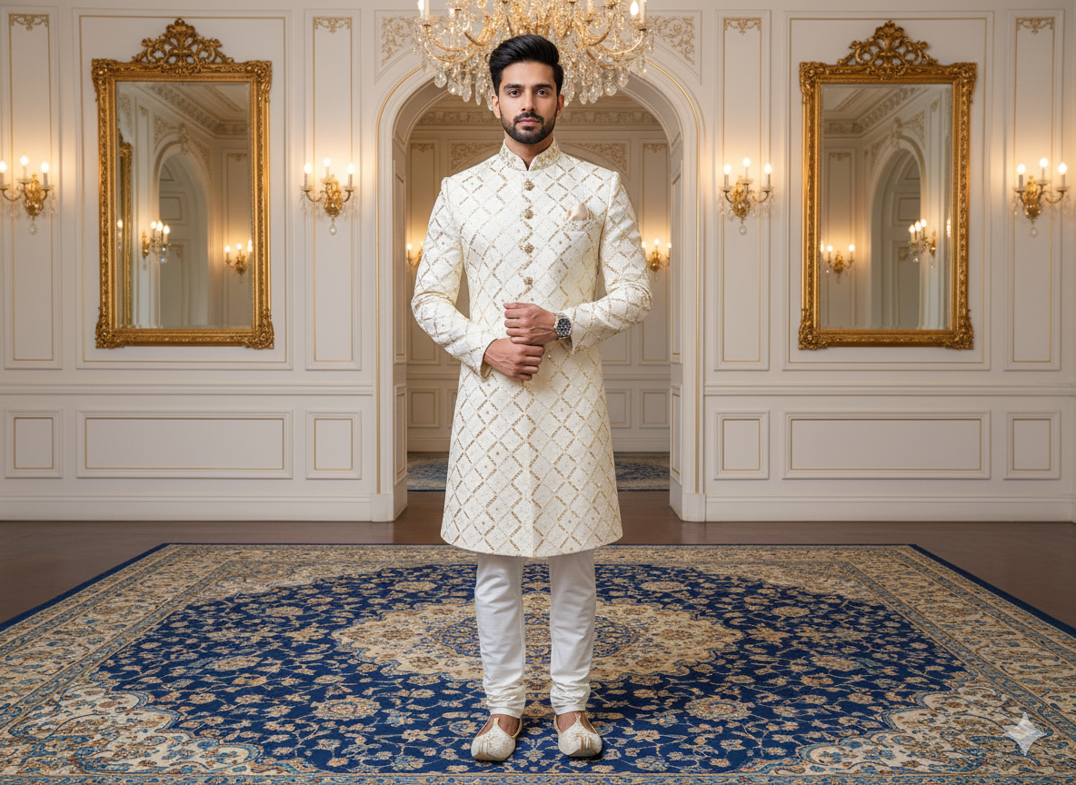 ऑफ व्हाइट मेटैलिक सेक्विन कढ़ाई मलाई साटन फैब्रिक