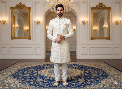 ऑफ व्हाइट मेटैलिक सेक्विन कढ़ाई मलाई साटन फैब्रिक