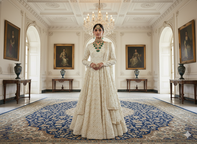 ऑफ व्हाइट मेटैलिक सेक्विन कढ़ाई मलाई साटन फैब्रिक