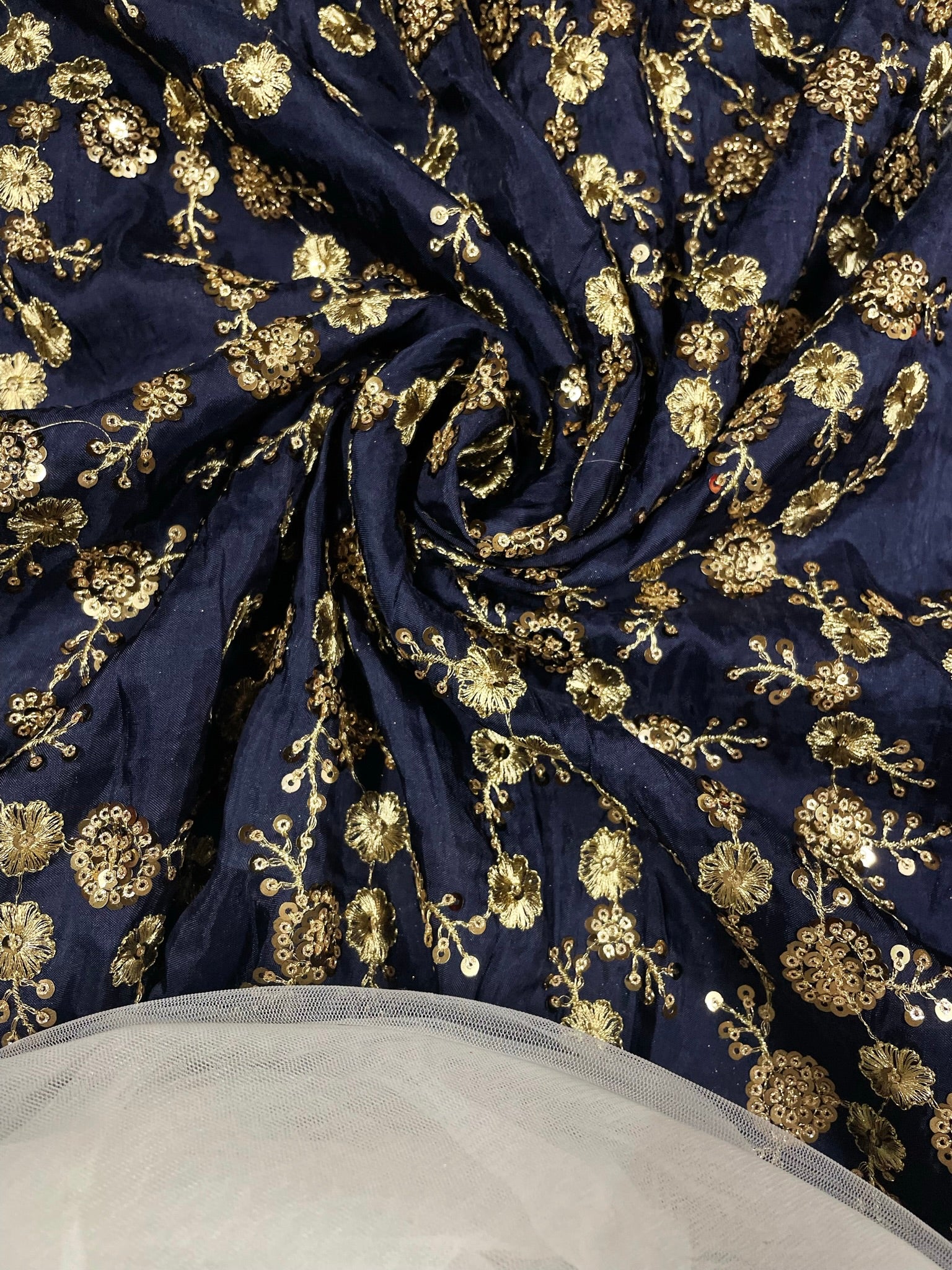 Navy Blue Floral Embroidered Semi Silk Fabric