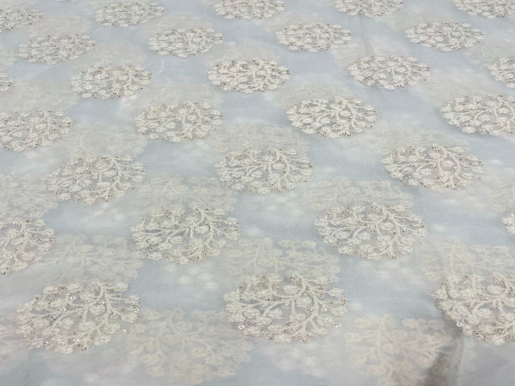 Precut of 1 Meter of White Floral Dyeable Embroidered Georgette Fabric
