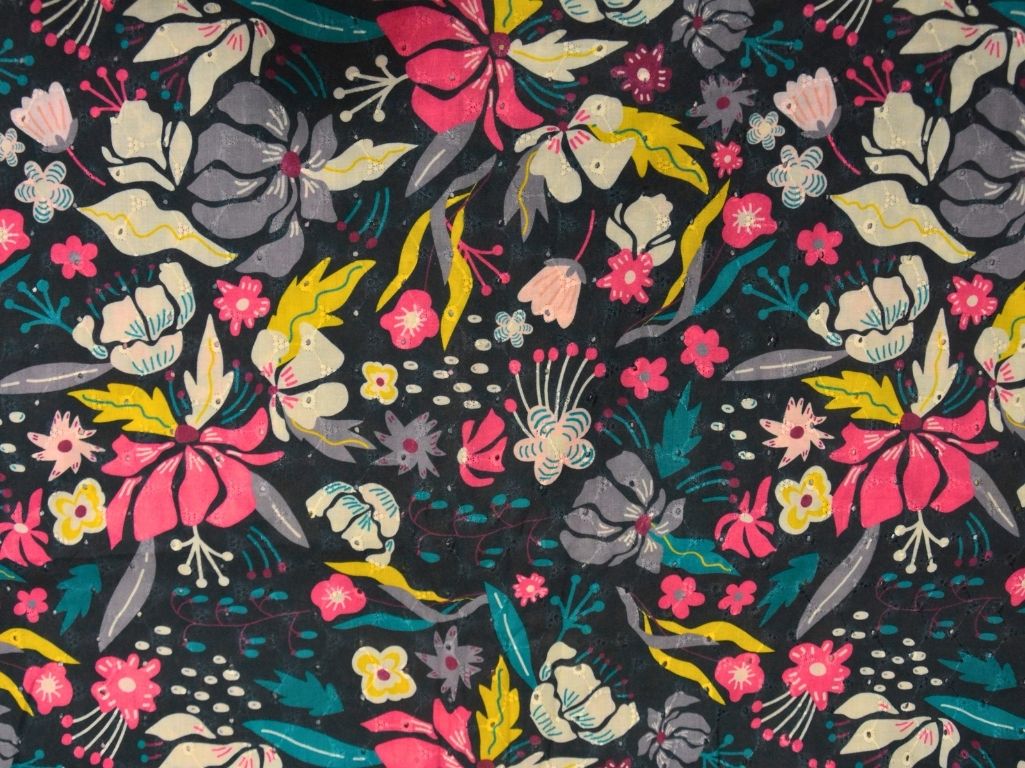 Black 100 % Pure Cotton Chikan Embroidered Fabric