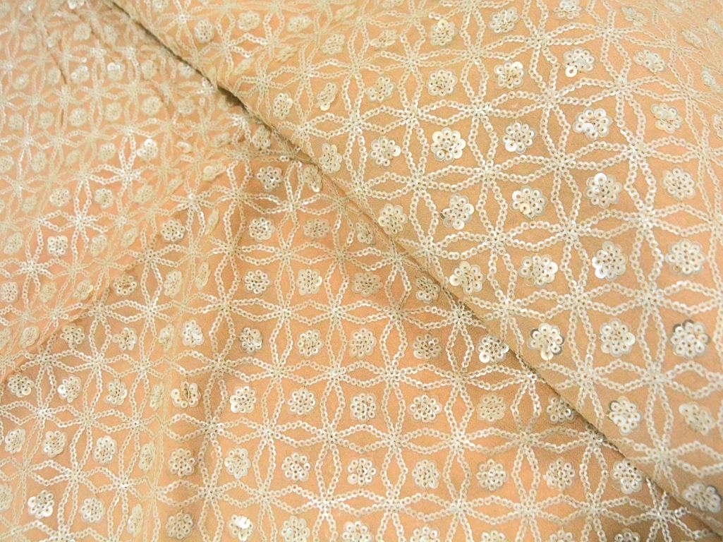 Light Peach Viscose Georgette With Sequins Embroidered Fabric