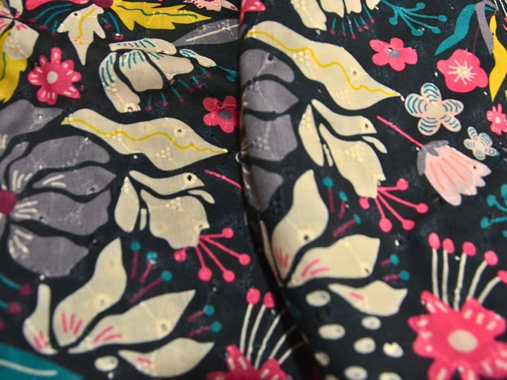 Black 100 % Pure Cotton Chikan Embroidered Fabric