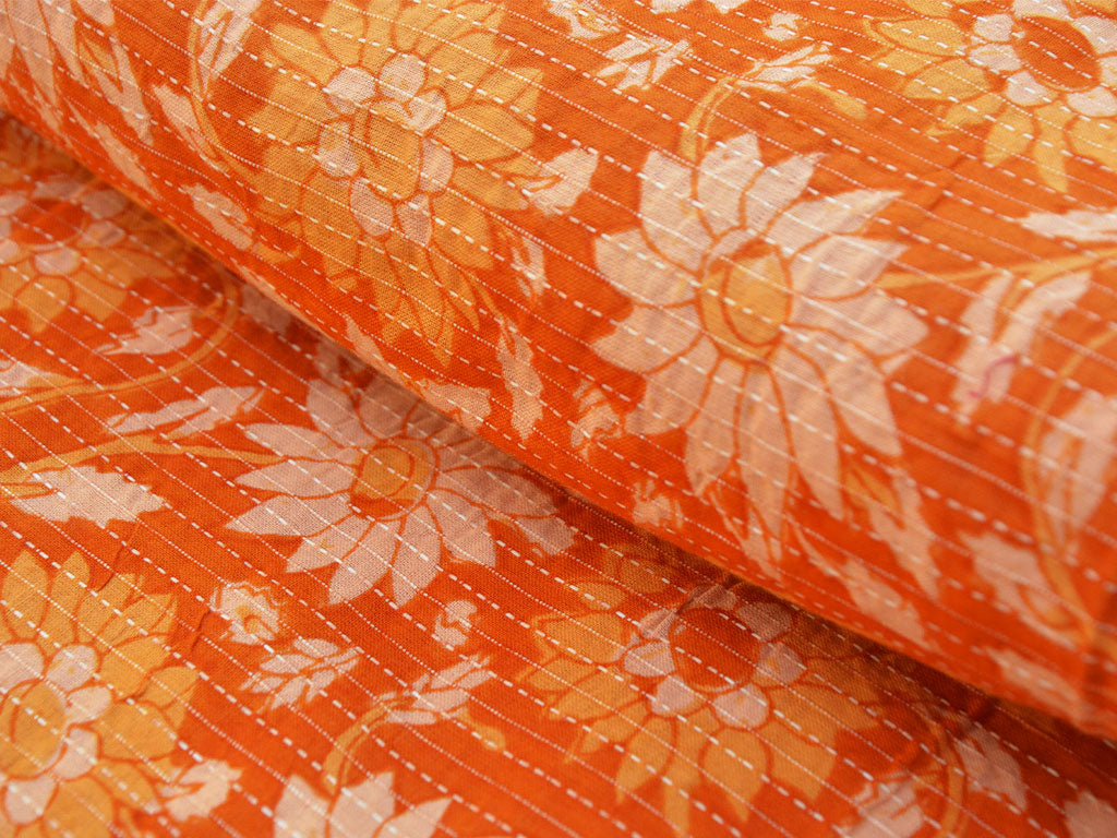 Orange Floral Pure Cotton Kantha Fabric
