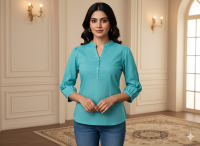 एक्वामरीन नीला सादा ग्लेज्ड कॉटन कपड़ा