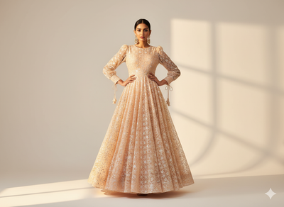 Light Peach Viscose Georgette With Sequins Embroidered Fabric