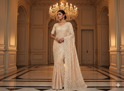 Light Peach Viscose Georgette With Sequins Embroidered Fabric