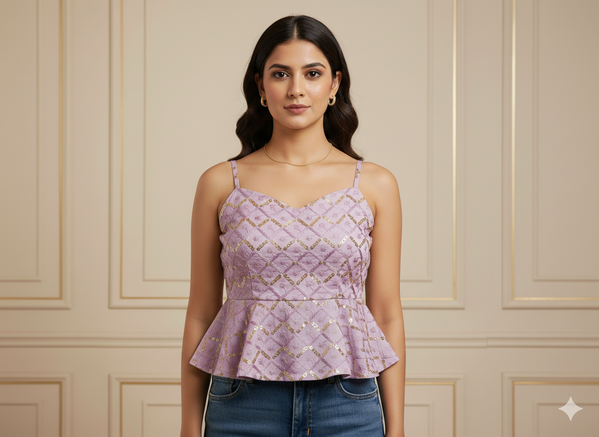 लैवेंडर मेटैलिक सेक्विन कढ़ाई मलाई साटन फैब्रिक