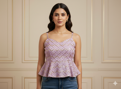 लैवेंडर मेटैलिक सेक्विन कढ़ाई मलाई साटन फैब्रिक