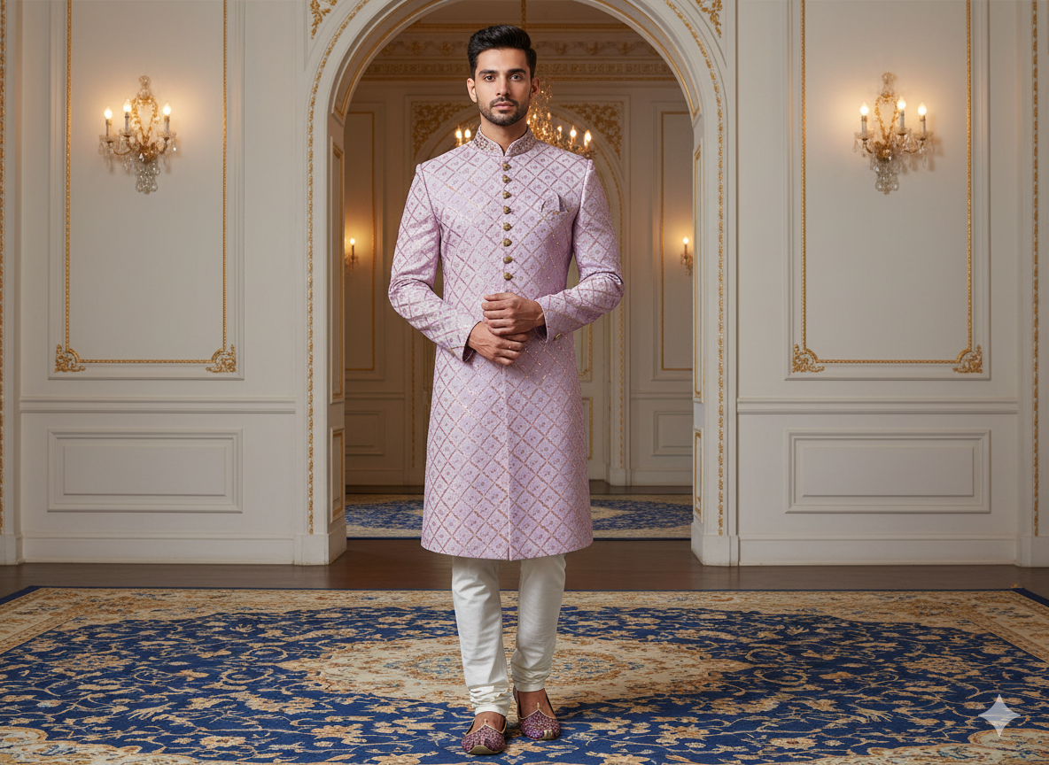 लैवेंडर मेटैलिक सेक्विन कढ़ाई मलाई साटन फैब्रिक