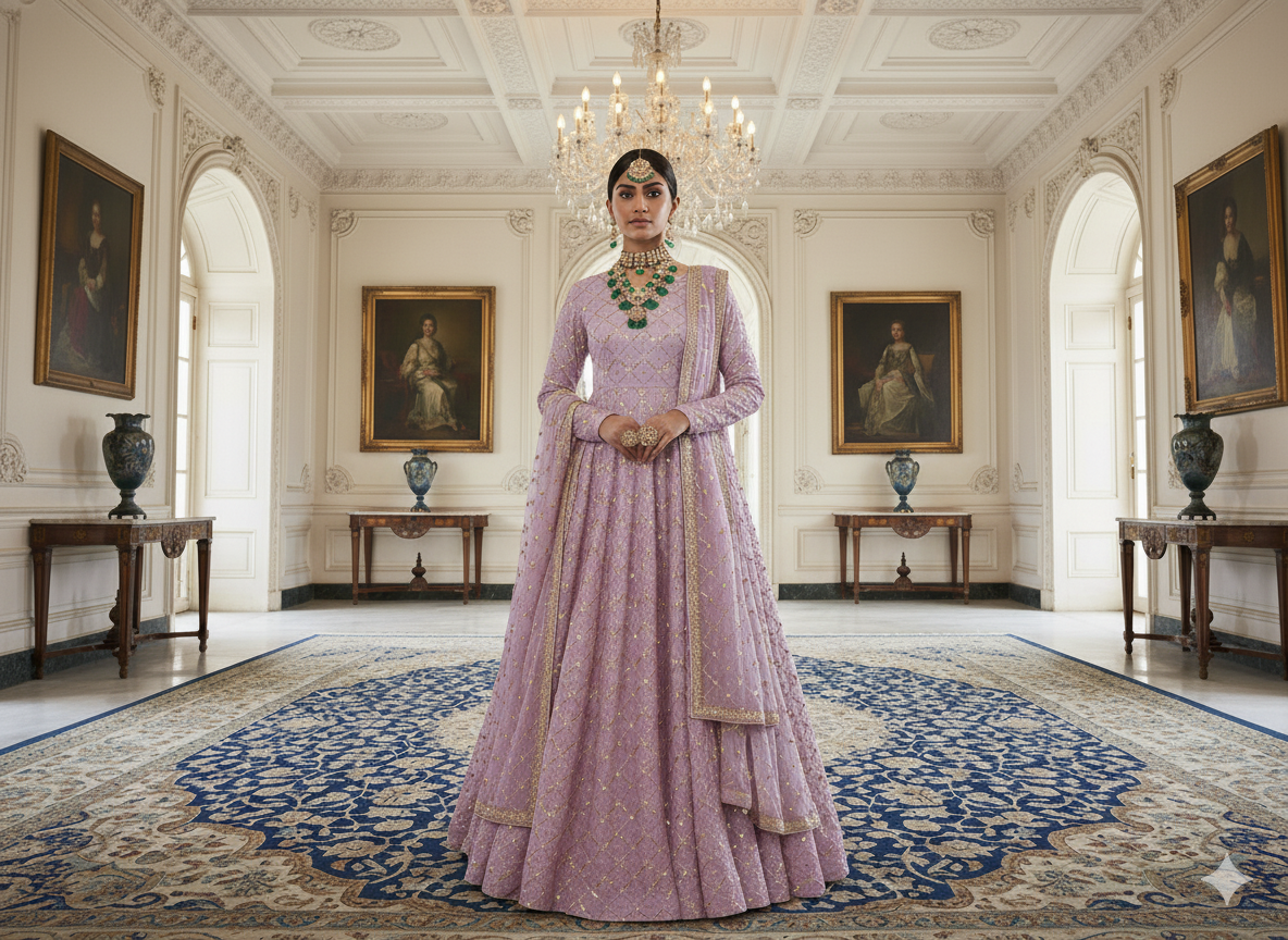 लैवेंडर मेटैलिक सेक्विन कढ़ाई मलाई साटन फैब्रिक