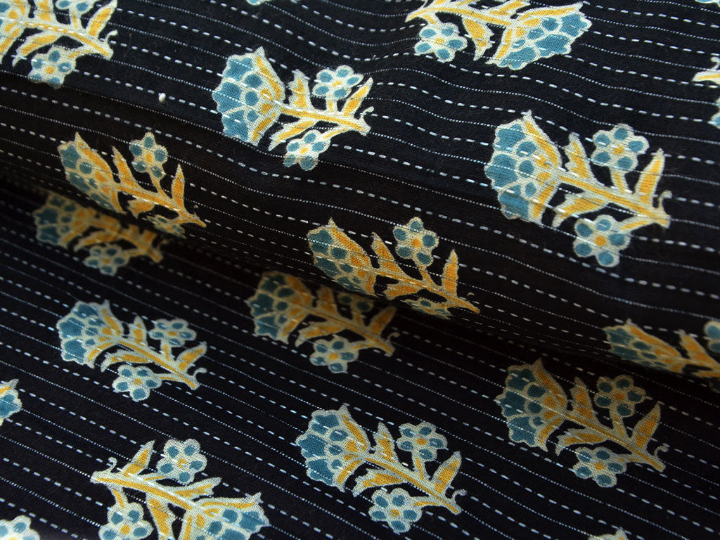 Black Floral Pure Cotton Kantha Fabric