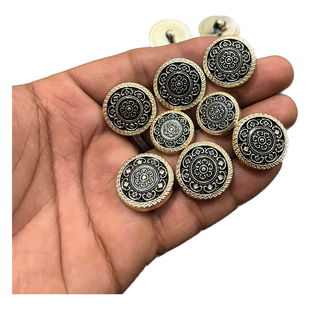 Black & Golden Floral Circular Metal Button