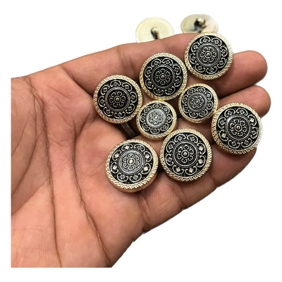 Black & Golden Floral Circular Metal Button