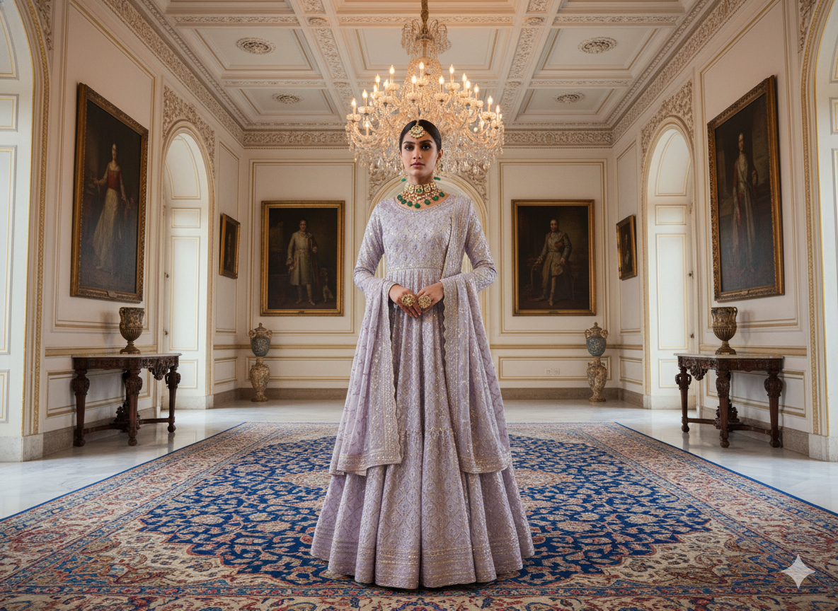 हल्के बैंगनी धातुई सेक्विन कढ़ाई मलाई साटन कपड़ा