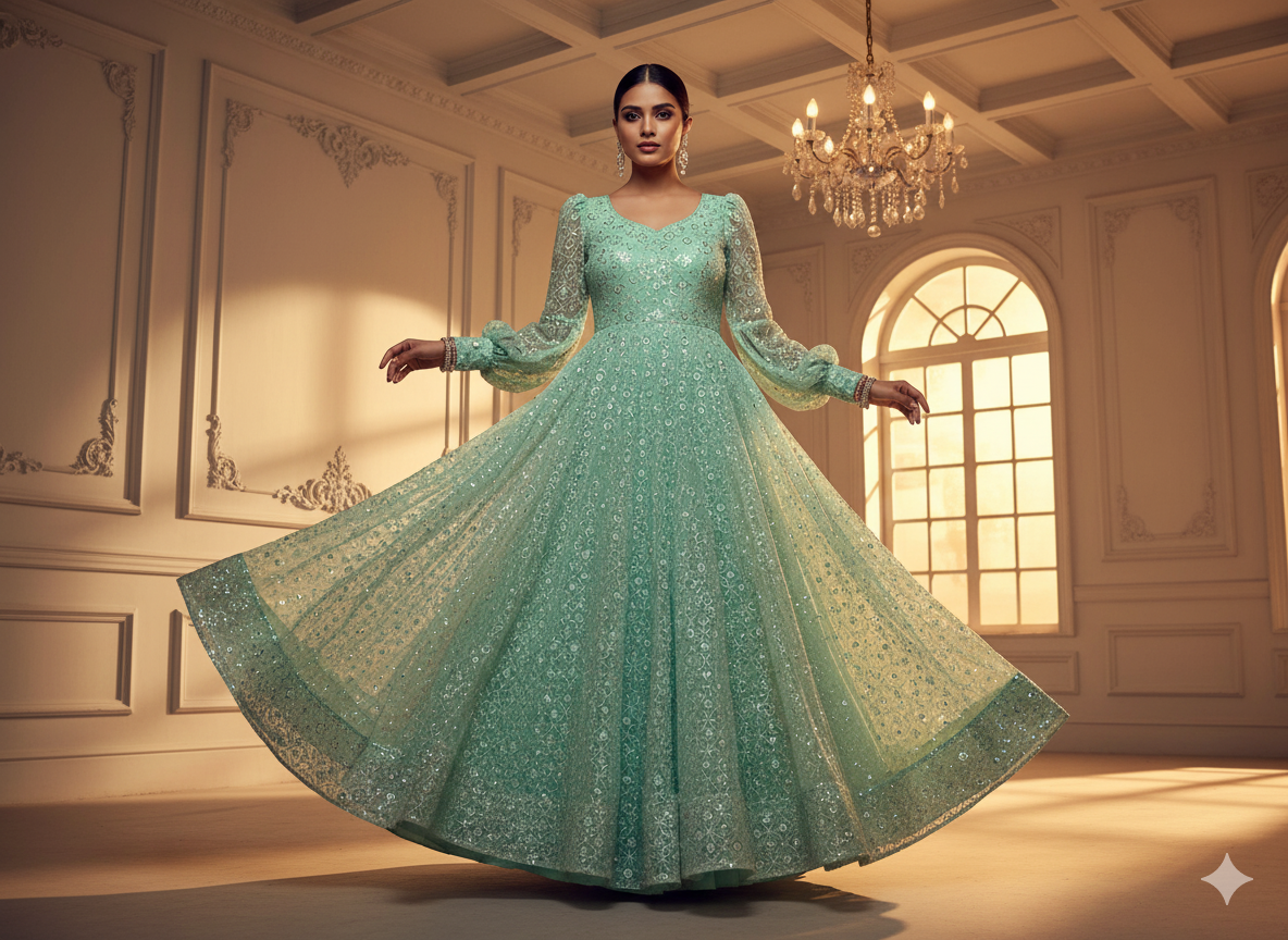 Sea Blue Viscose Georgette With Sequins Embroidered Fabric