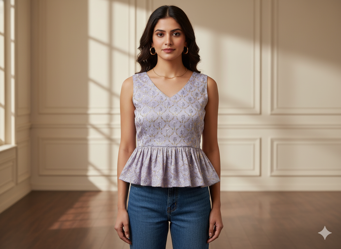 हल्के बैंगनी धातुई सेक्विन कढ़ाई मलाई साटन कपड़ा