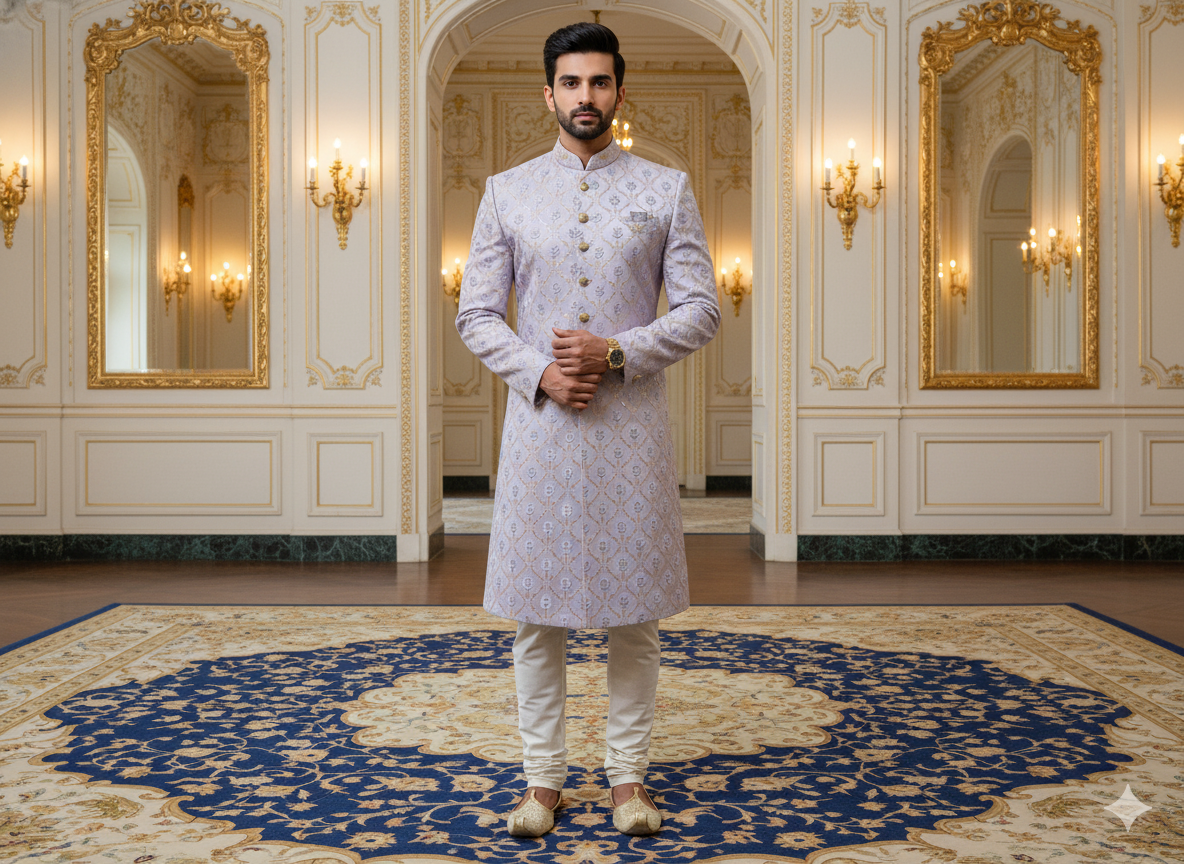 हल्के बैंगनी धातुई सेक्विन कढ़ाई मलाई साटन कपड़ा