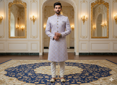 हल्के बैंगनी धातुई सेक्विन कढ़ाई मलाई साटन कपड़ा