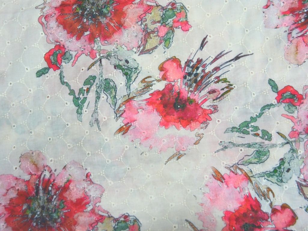 White 100 % Pure Cotton Chikan Embroidered Fabric