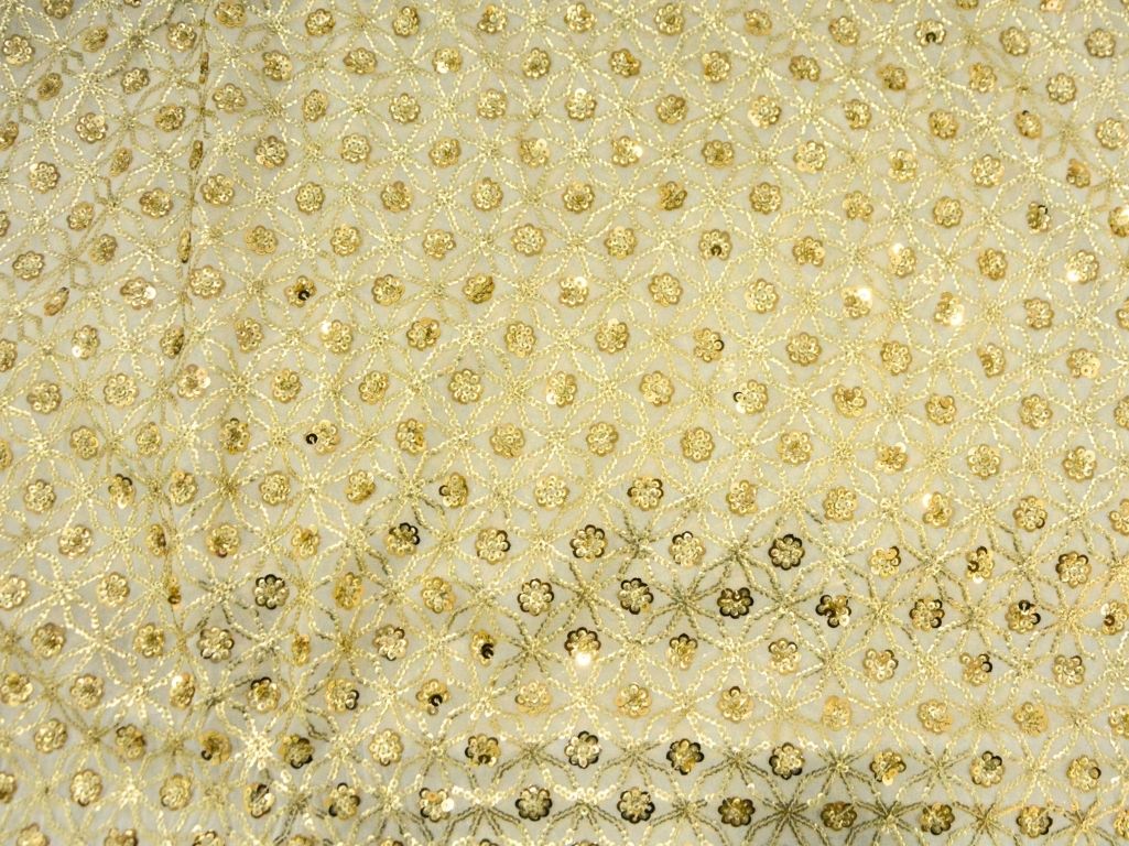 Golden Viscose Georgette With Sequins Embroidered Fabric