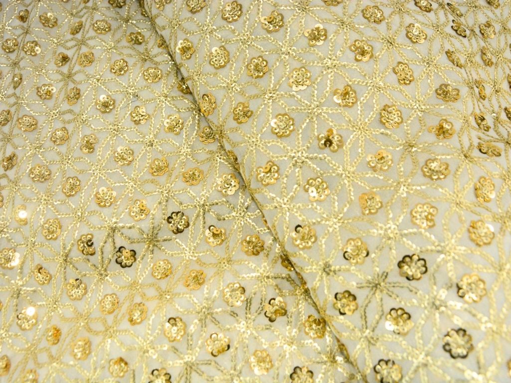 Golden Viscose Georgette With Sequins Embroidered Fabric