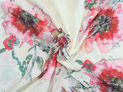 White 100 % Pure Cotton Chikan Embroidered Fabric