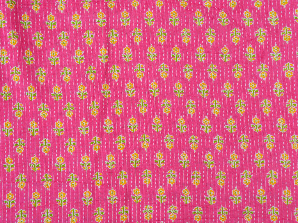 Fuchsia Floral Pure Cotton Kantha Fabric