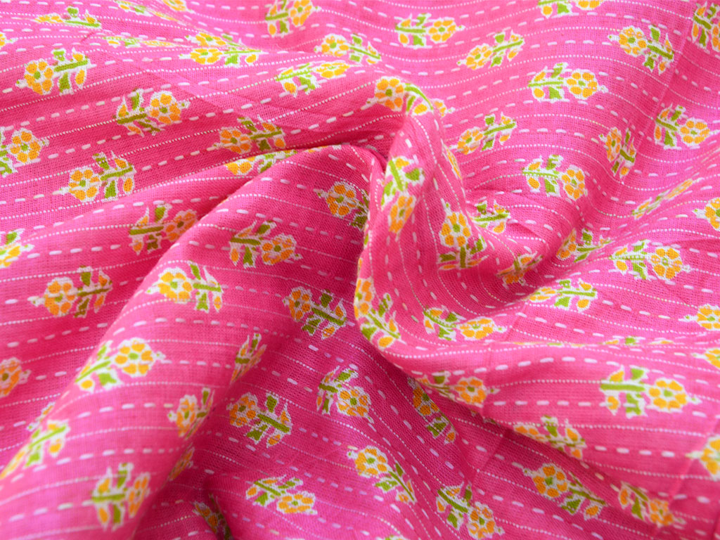 Fuchsia Floral Pure Cotton Kantha Fabric