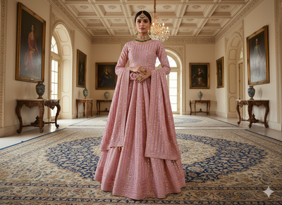 डार्क पीच मेटैलिक सेक्विन कढ़ाई मलाई साटन फैब्रिक