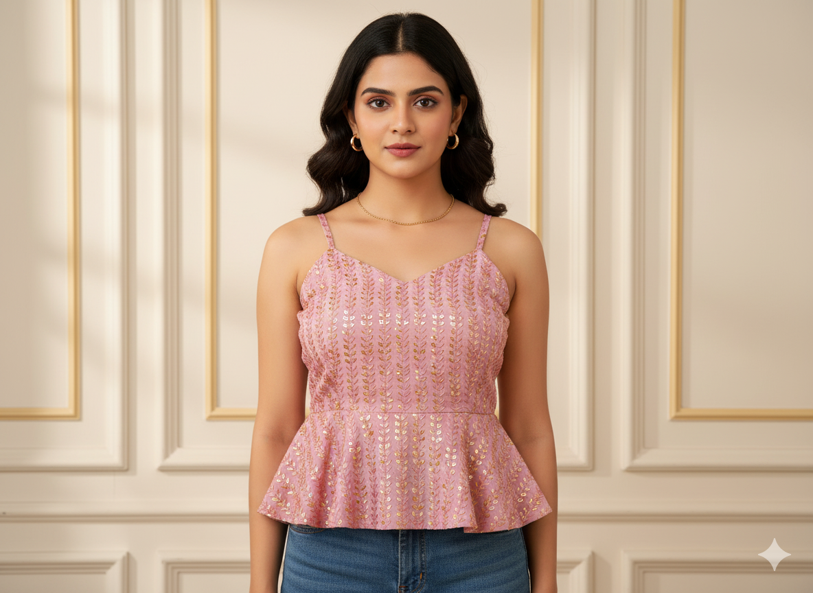 डार्क पीच मेटैलिक सेक्विन कढ़ाई मलाई साटन फैब्रिक