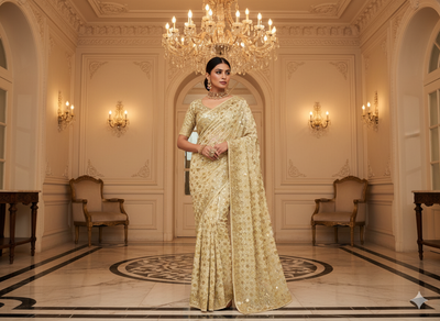Golden Viscose Georgette With Sequins Embroidered Fabric