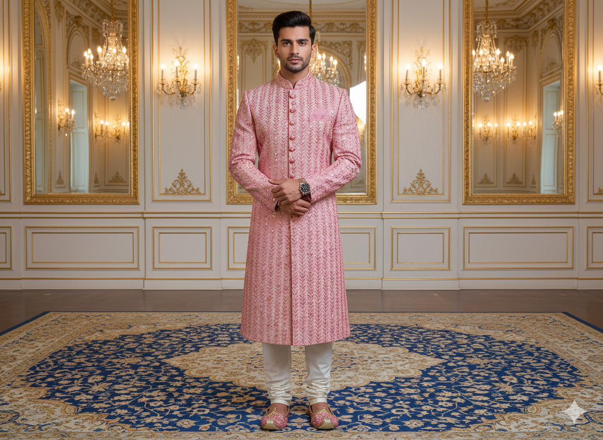 डार्क पीच मेटैलिक सेक्विन कढ़ाई मलाई साटन फैब्रिक