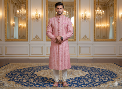 डार्क पीच मेटैलिक सेक्विन कढ़ाई मलाई साटन फैब्रिक