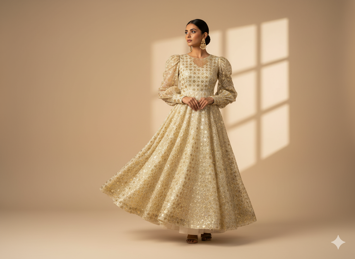 Golden Viscose Georgette With Sequins Embroidered Fabric