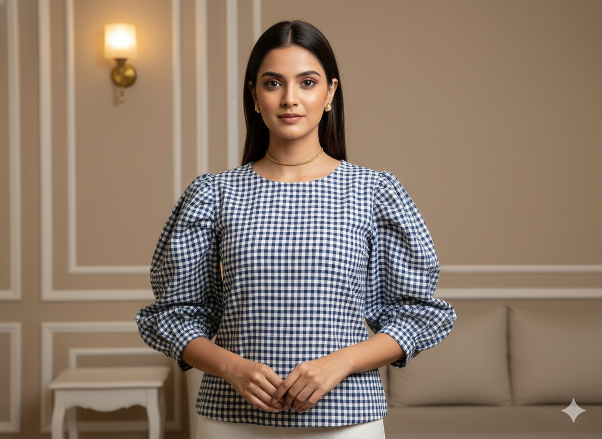 नीले चेक यार्न रंगे शुद्ध सूती कपड़ा