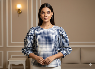 नीले चेक यार्न रंगे शुद्ध सूती कपड़ा